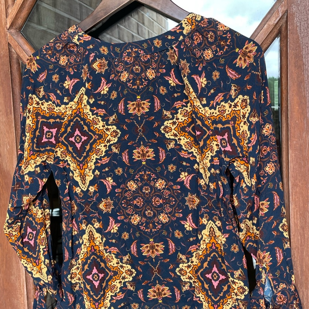 Kachel X Anthropologie Blue Gold Button Front Tie Sleeve Shirt - Picture 3 of 5